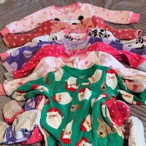 Carter's Green Santa Print Kids Fleece Pajama One-Piece with Pink and Purple Mix